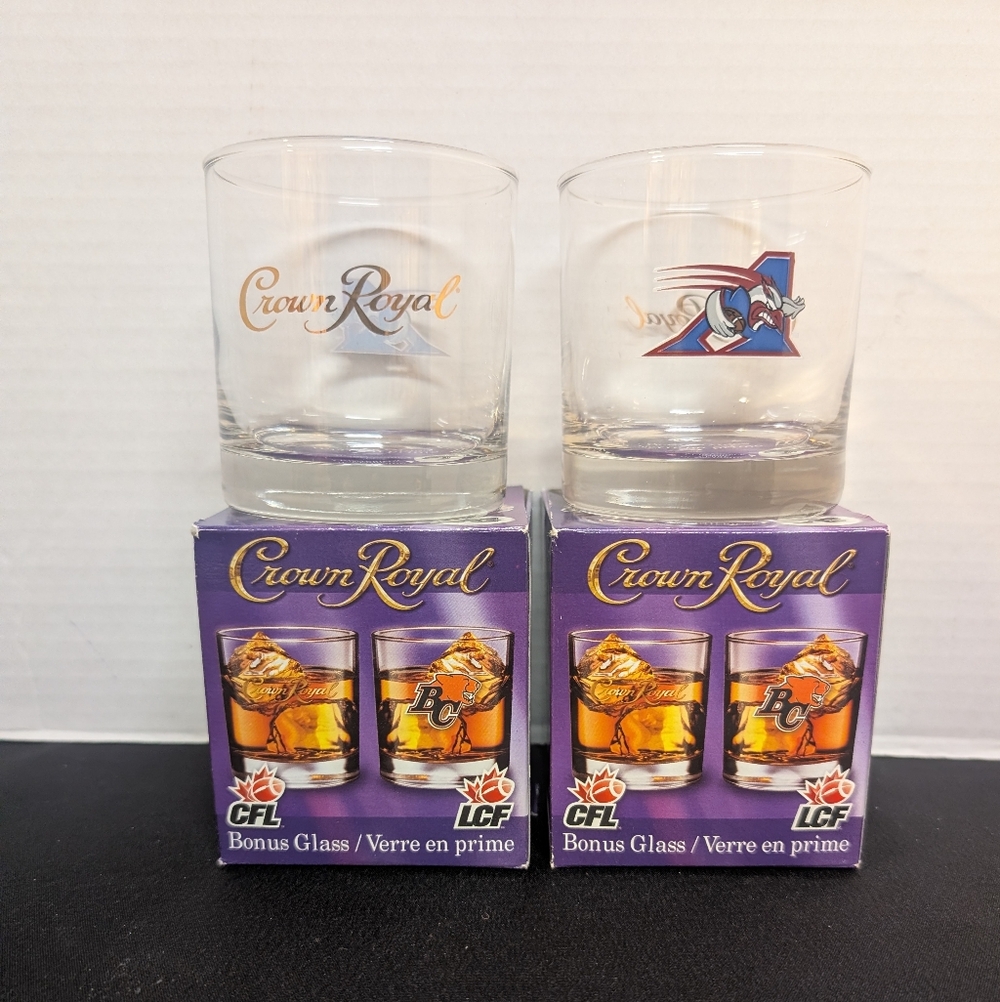 New In Box Crown Royal CFL Montreal Alouette  Glass Football Collectors Lot Of 2